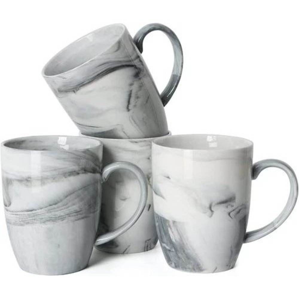 Grey White Marble Coffee Mug Set of 4 with Silver Rim and Gift Box